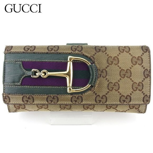 Gucci long Hustler leather brown green Wallet canvas beige GG purple Bit - Picture 1 of 6